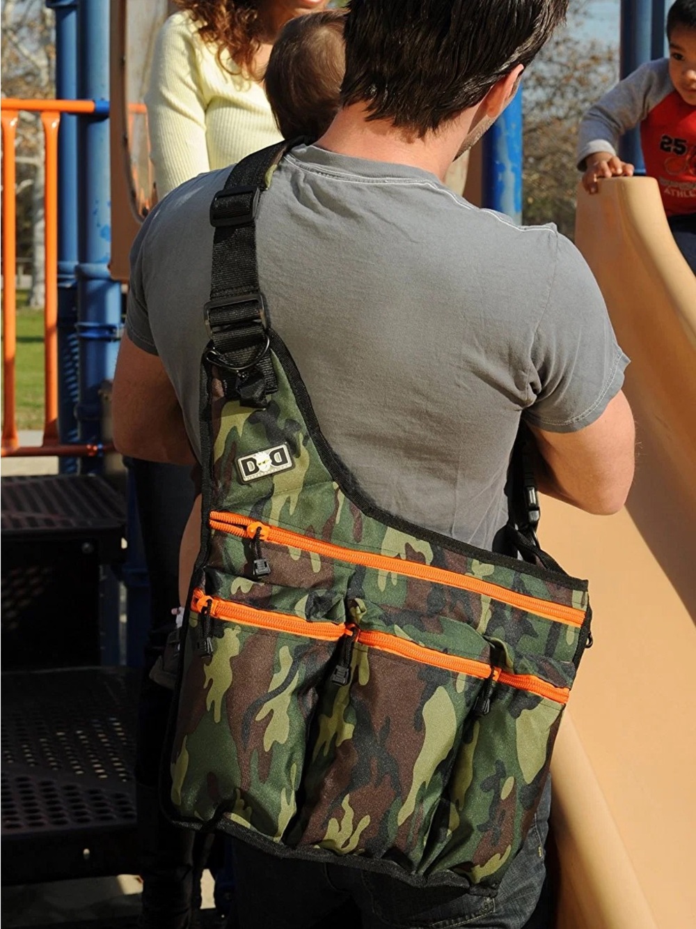 Diaper Dude Camouflage Crossbody Diaper Bag with Orange Zippers